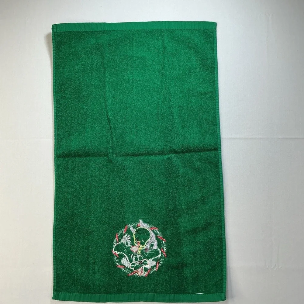 VTG 90s Looney Tunes Christmas Hand Towel Green Bugs Daffy Tweety Sylvester‎ EUC